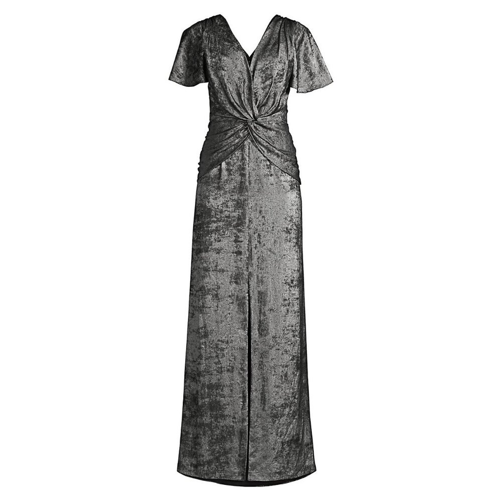Aidan Mattox Flutter-Sleeve Silver A-Line Gown